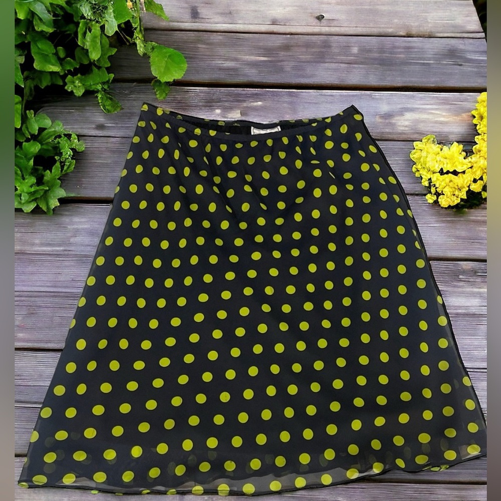 Karin Stevens navy blue white polka dot elastic waist lined chiffon skirt Siz 10